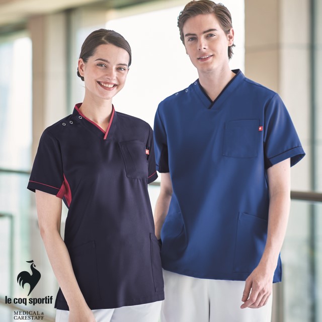 UQM1537 ルコックスポルティフ lecoqsportif メディカルウェア ユニセックス Vネック スクラブ 男女兼用 医療用 吸汗速乾 工業洗濯 ストレッチ 防透 帯電防止 制菌 医師 ドクター 看護師 ナース 介護 ケア 白衣 病院 医院 クリニック