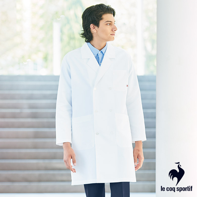 UQM4502 ルコックスポルティフ 診察衣 ダブルボタン 男性用 長袖 工業洗濯可 ストレッチ 透け防止 帯電防止 制菌加工 lecoqsportif 医療用 医師 医者 メンズ 男子 ドクターコート ジャケット 超軽量 ホワイト 白