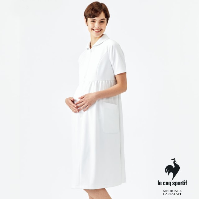UQW0016 ルコックスポルティフ マタニティ ナースウェア ワンピース 女性用 半袖 吸汗速乾 工業洗濯可 ストレッチ 透け防止 防汚 帯電防止 制菌 lecoqsportif 医療用 看護師 歯科衛生士 レディース レディス 女子 白衣 ナースワンピース 妊婦 プレママ