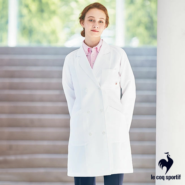 UQW4102 ルコックスポルティフ 診察衣 ダブルボタン女性用 長袖 工業洗濯可 ストレッチ 透け防止 帯電防止 制菌加工 lecoqsportif 医療用 医師 医者 女医 レディース レディス 女子 ドクターコート ジャケット 超軽量 ホワイト 白