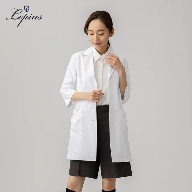 wdc038 lepius ドクターコート レディース 診察衣 七分袖 リボンポケット シワになりにくい シングルボタン 女性用 制菌 吸湿 速乾 制電 レピウス 医療用 医師 ドクター 薬剤師 教師 薬局 医者