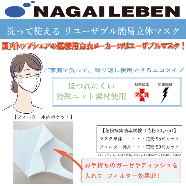 【送料無料】リユーザブル簡易立体マスク(10枚) HOS制菌【ナガイレーベン】