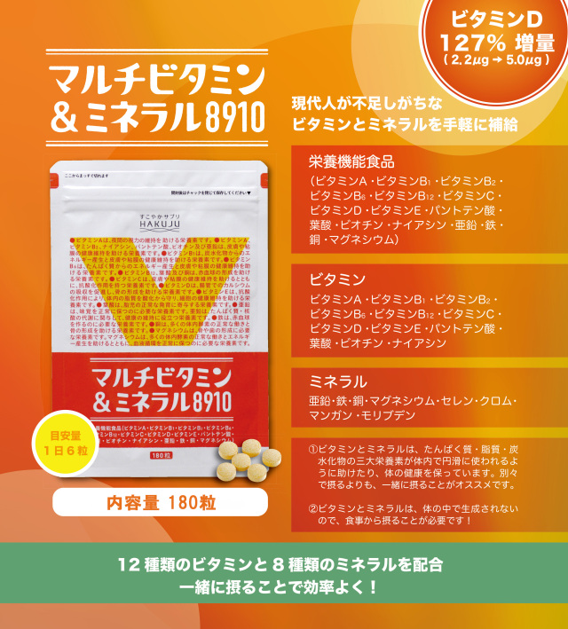 筋トレ、ダイエットのお供に【マルチビタミン＆ミネラル8910】180粒入り（約1ヶ月分）［栄養機能食品］