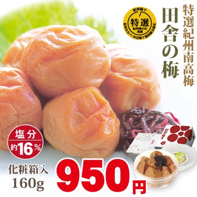 特選 紀州 南高梅 田舎の梅 160g 化粧箱 塩分約16％ 和歌山 みなべ 梅干