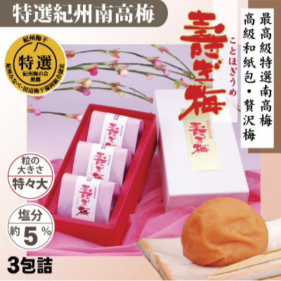 紀州 特選南高梅 壽ぎ梅　高級和紙包 3包 特々大粒 詰合せ 和歌山 みなべ 梅干 ギフト