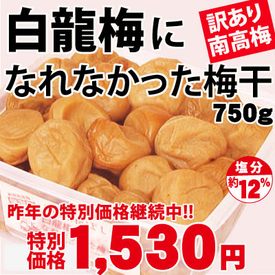創業祭限定 訳あり 紀州 南高梅 白龍梅になれなかった梅 750ｇ 塩分約12％ 簡易包装 和歌山 みなべ 自家梅園産 梅干