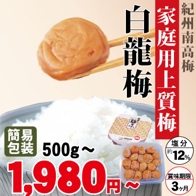 少しキズあり含む 紀州 特選南高梅 家庭用 上質梅 白龍梅 500g～ 簡易包装 塩分約12％ 和歌山 みなべ 梅干 ギフト