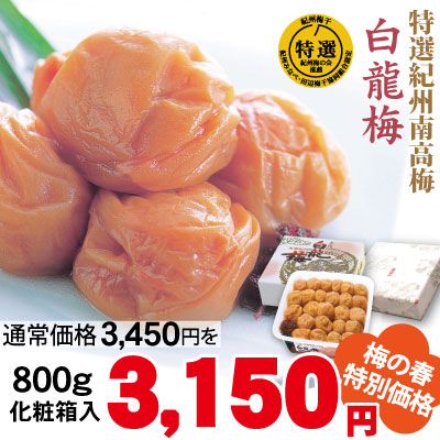 紀州 特選南高梅 白龍梅　800g 化粧箱 塩分約12％ 和歌山 みなべ 梅干 ギフト