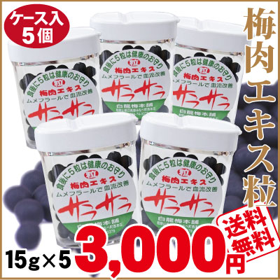 送料無料（ゆうメール便）便利な携帯ケース付き完熟梅肉エキス（粒）「サラサラ」15g×5ケース 代引・同梱不可 12g⇒15g増量♪