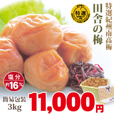 送料無料 特選 紀州 南高梅 田舎の梅 3kｇ 簡易包装 塩分約16％ 和歌山 みなべ 梅干