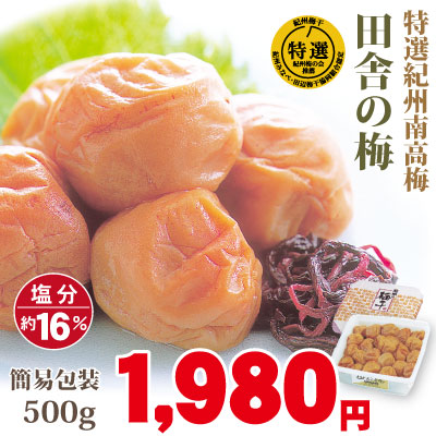 特選 紀州 南高梅 田舎の梅 500ｇ 簡易包装 塩分約16％ 和歌山 みなべ 梅干