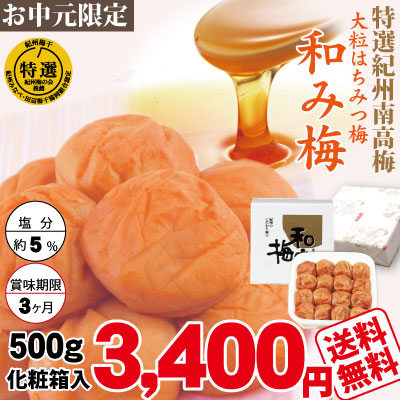 お中元限定 送料無料 紀州 特選南高梅 和み梅 500g 化粧箱 塩分約5％ 和歌山 みなべ 自家梅園産 梅干し
