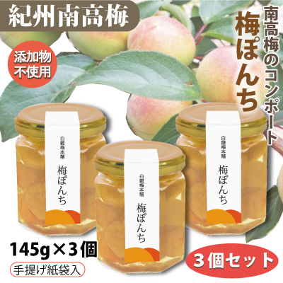 梅ぽんち 紀州南高梅のコンポート 145g×3個 瓶入 添加物不使用 和歌山 みなべ 自家梅園産 梅 スイーツ シロップ漬