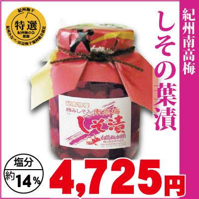 【紀州産南高梅】たっぷりの紫蘇と漬けました。懐かしいすっぱさ「しその葉漬」 瓶詰（中瓶）塩分約14％・中辛口