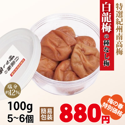 紀州 特選南高梅 白龍梅 の 種なし梅 100g 簡易包装 塩分約12％ 和歌山 みなべ 梅干 ギフト
