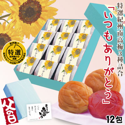 送料無料 父の日 ギフト 紀州 南高梅 詰合「いつもありがとう」 期間限定 特選梅3種 特別詰 計12包 白龍梅 和み梅 しそ漬梅 高級和紙包 自家梅園産 和歌山 みなべ 梅干