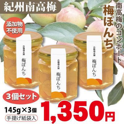 梅ぽんち 紀州南高梅のコンポート 145g×3個 瓶入 添加物不使用 和歌山 みなべ 自家梅園産 梅 スイーツ シロップ漬