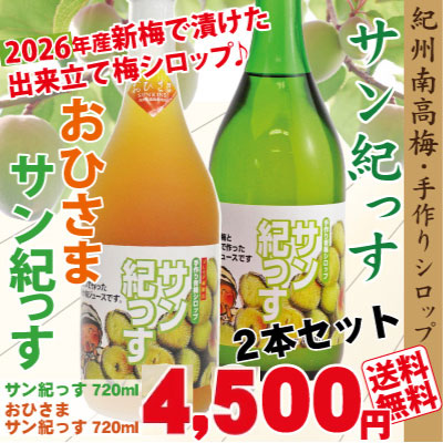 送料無料 2026年6月収穫の梅で漬けた梅シロップ「サン紀っす」と裏ごし果肉を加えた「おひさまサン紀っす」のセット　各1本ずつ　希釈用720ml