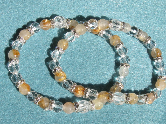 天然石ブレスレット　内径16ｃｍタイプ　ルチルクォーツ(6ミリ・12玉)　クリスタル(8ミリ・2玉)　カットクリスタル(6ミリ・12玉)　他