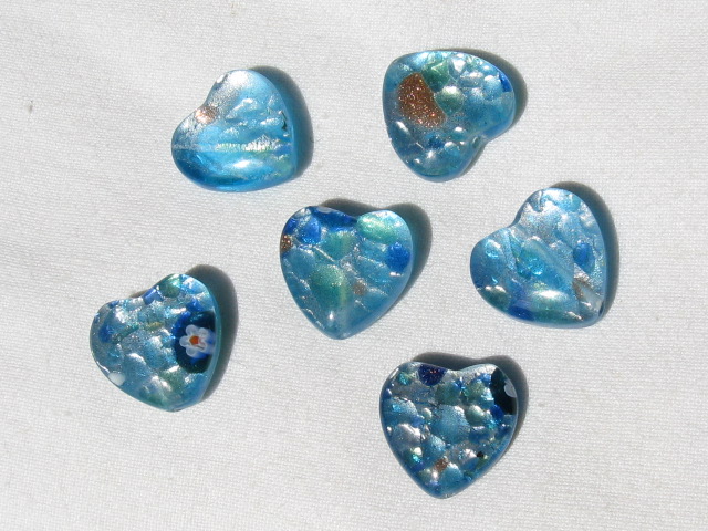 ベネチアン風ガラス　柄付きハート　約16ｍｍ　ブルー(水色)