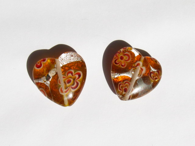 ベネチアン風ガラス　模様付きハート　約26ｍｍ　トパーズ