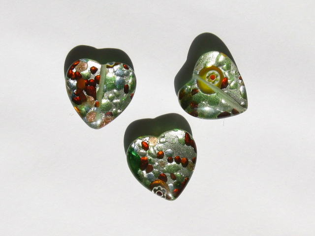 ベネチアン風ガラス　模様付きハート　約20ｍｍ　グリーン