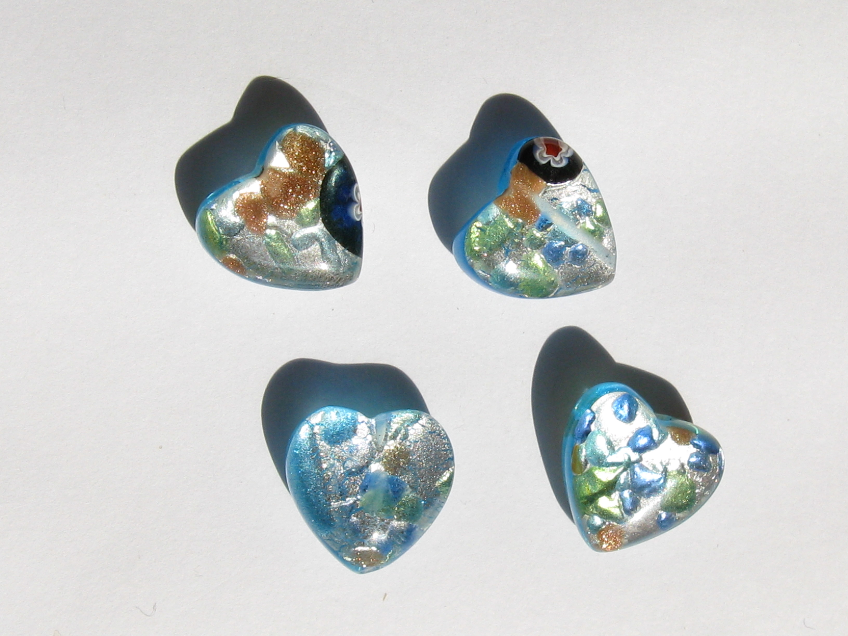 ベネチアン風ガラス　模様付きハート　約14ｍｍ　ブルー(水色)