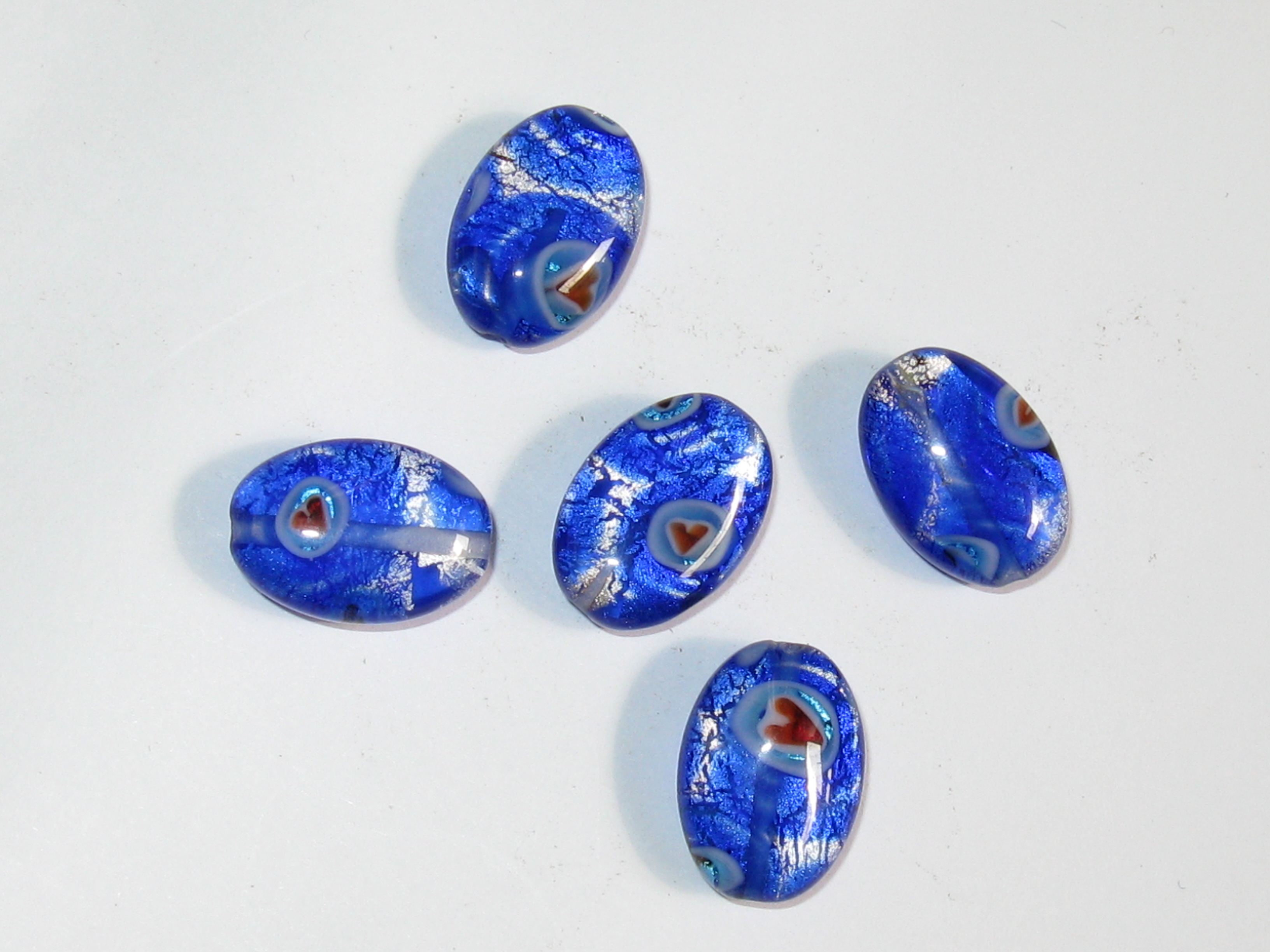 ベネチアン風ガラス　模様付きオーバル　約20ｍｍ　ブルー