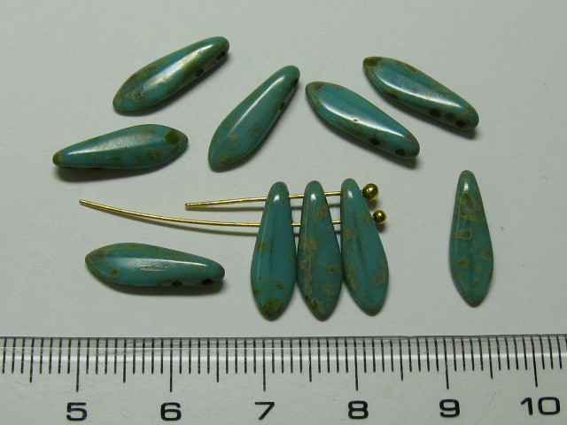 チェコビーズ　ダガー　２ホール　５×１６ミリ　ターコイズピカソ