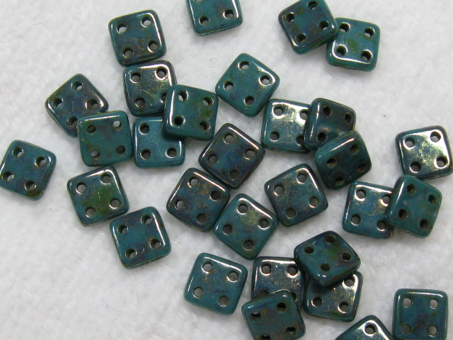 チェコビーズ　フラットスクエア　４ホール　６ミリ　ターコイズブロンズピカソ
