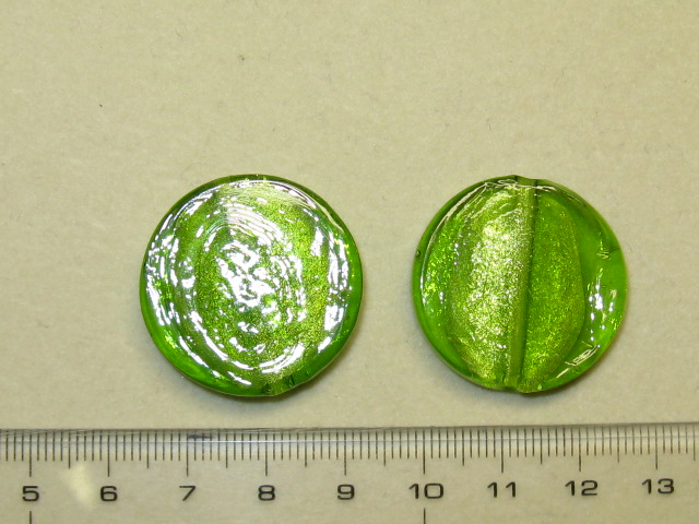 ベネチアン風ガラス　丸平タイプ　約28×6ｍｍ　緑色