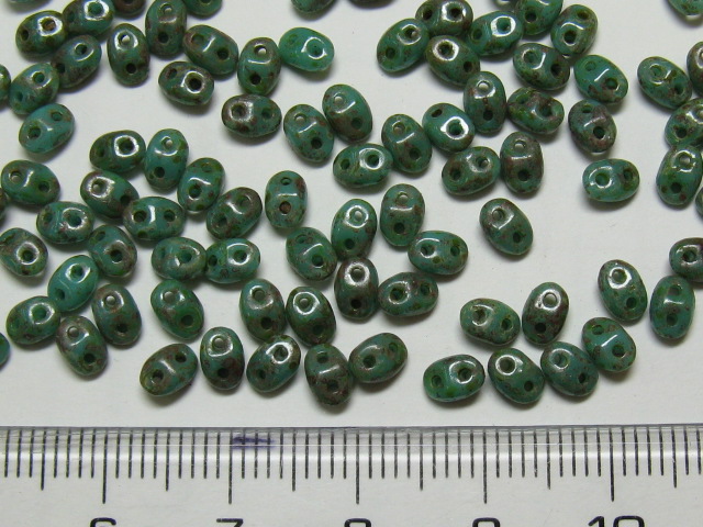 チェコビーズ　スーパーデュオ　２ホール　2.5×5ミリ　グリーンターコイズピカソ
