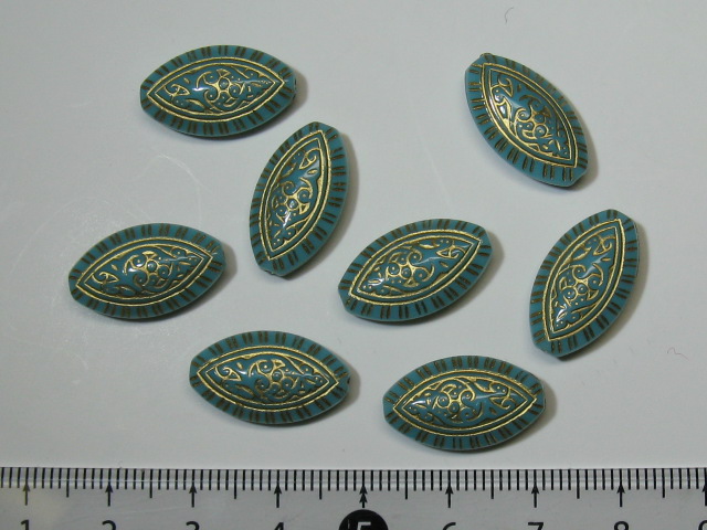 アクリル・プラスチックビーズ　マーキス型　19×11㎜　グレー地に金模様