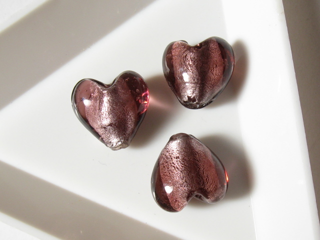 ベネチアン風ガラス　ハート　約12ｍｍ　ライトアメジスト（濃）