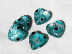 ベネチアン風ガラス　柄付きハート　約20ｍｍ　ブルーグリーン