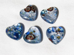 ベネチアン風ガラス　柄付きハート　約18ｍｍ　ブルー(青色)