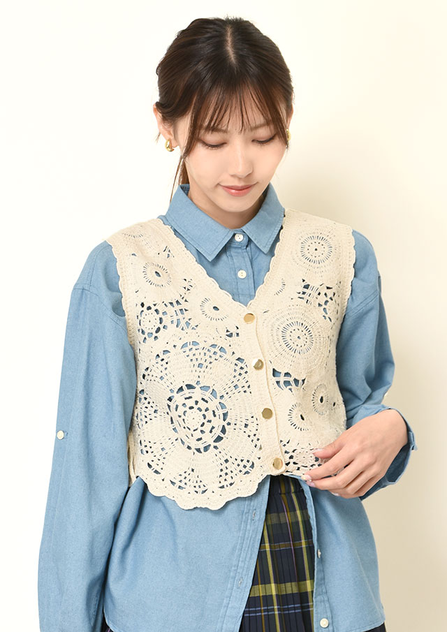 ◆コットンクロシェ編み前開きベスト【6265-563】【26】