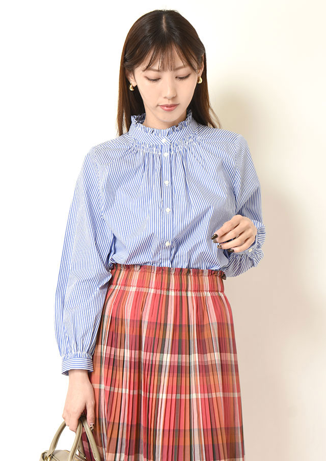 ◆ストライプフリルネックシャツ【H42634961】【26】