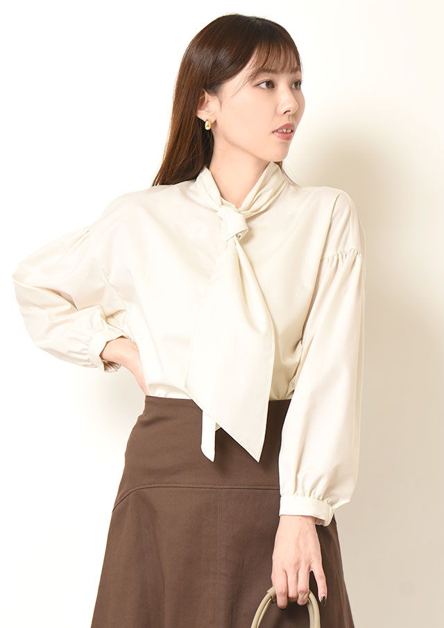 ◆ストライプ＆無地スキッパータイ付きプルオーバーブラウス【H660008】【26】