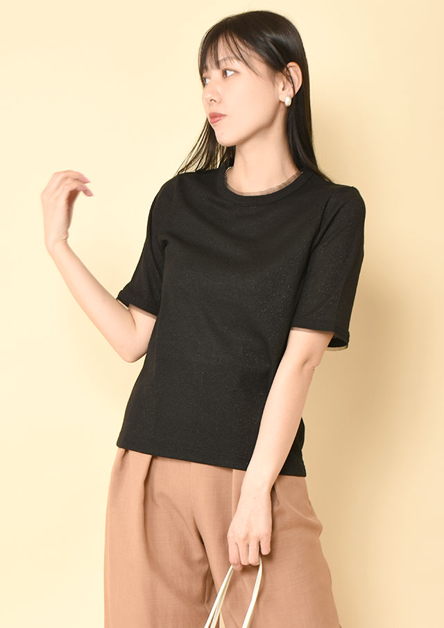 ◆ラメリブチュール使いハーフスリーブカットソー【H8921130】【26】