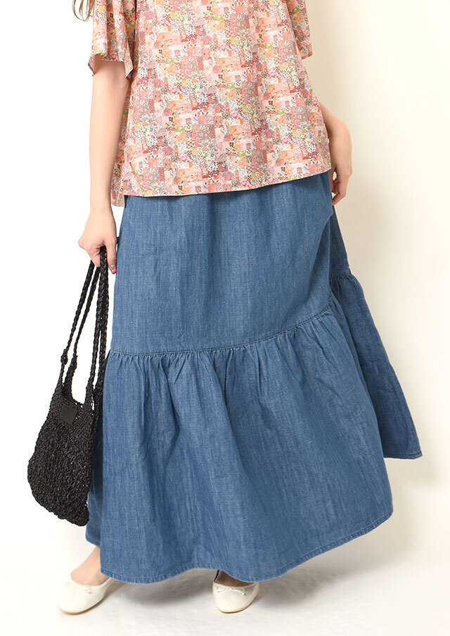 ◇◆HealthyDENIM｜ヘルシーデニム｜コットンリネンデニムマキシティアードスカート【11304603】【26】