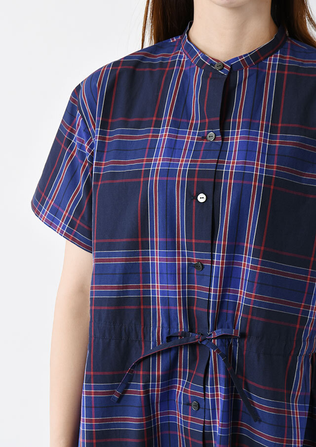 219 パラスパレス コットン ロング シャツ ワンピース インディゴ チェック コットンローンチェック柄シャツワンピース
