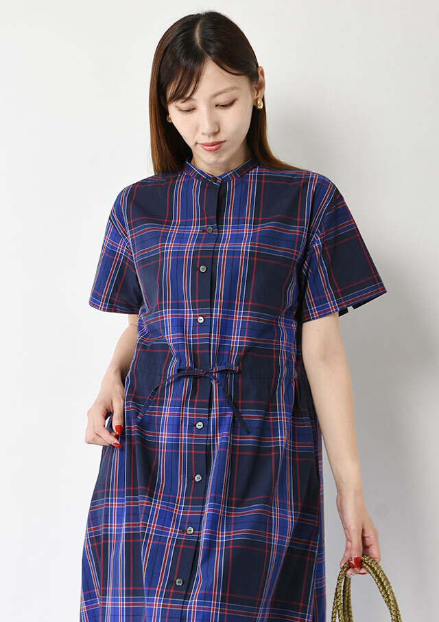 コットンローンチェック柄シャツワンピース