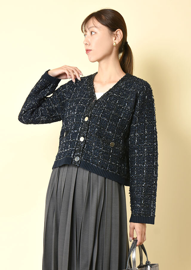 ◆チェックツイードVネックカーディガン【6262-453】【26】