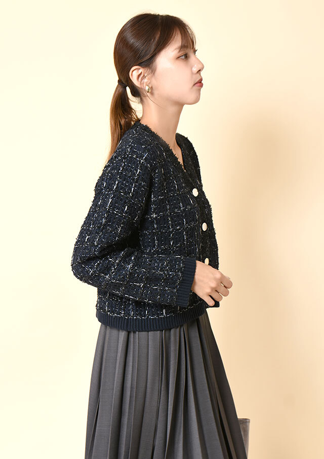 美品♪セオリー ウールツイードニットカーディガン M ブラック系 長袖 ガウン TALLサイズ 〕 ツイードニット カーディガン（6718II10