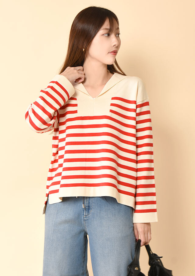 ◆パネルボーダーセーラーカラープルオーバーニット【6264-586】【26】