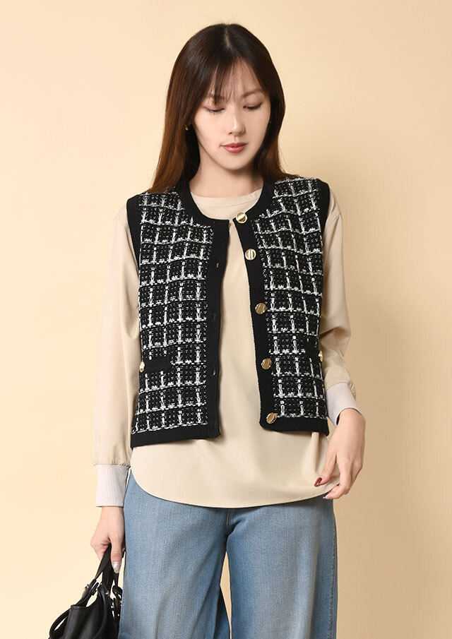 ◆コットンツイード前開きニットベスト【6265-552】【26】