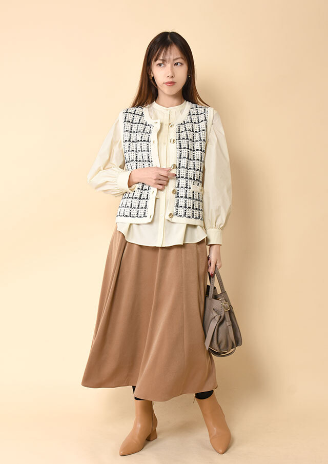 コットンツイード前開きニットベスト