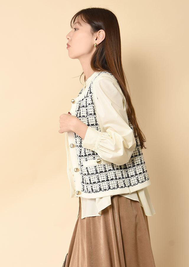 コットンツイード前開きニットベスト