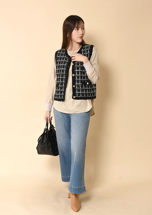 コットンツイード前開きニットベスト